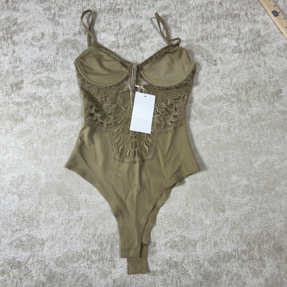 Zara Bodysuit Size S, NWT, Olive Green Lace Y2K